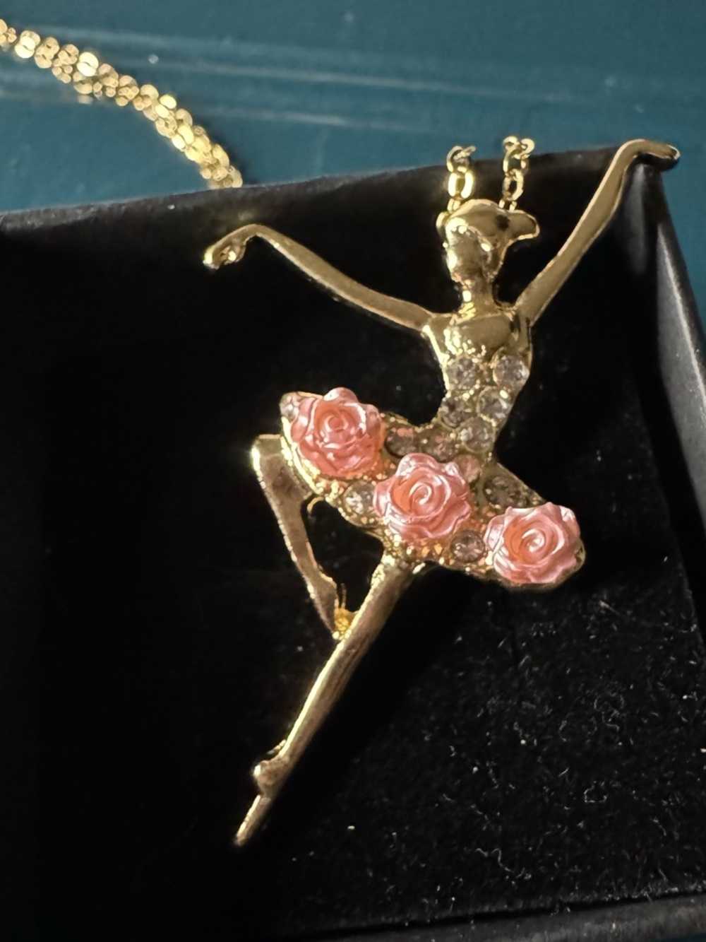 Gold Ballerina Pendant Necklace with Pink Rose Accents Elegant Design 🩰 Ballet